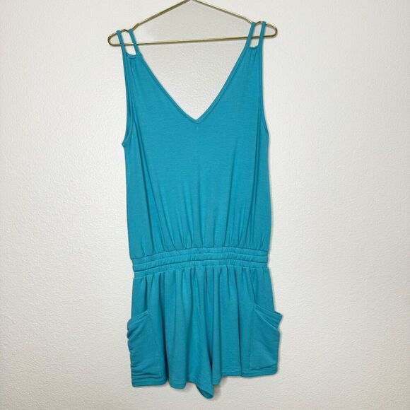 Ramy Brook Romper Size Medium Teal Blue Sleeveless Jersey Stretch Lounge Pockets - Picture 12 of 12